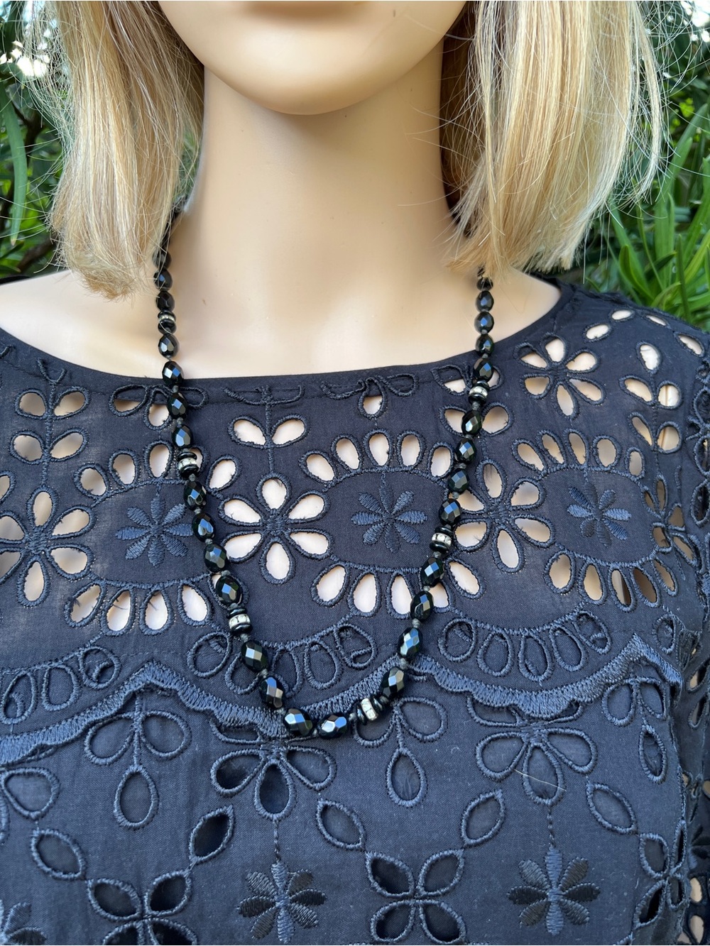 Vintage Black Glass Faceted Bead Necklace - Crystal Spacers 1950’s